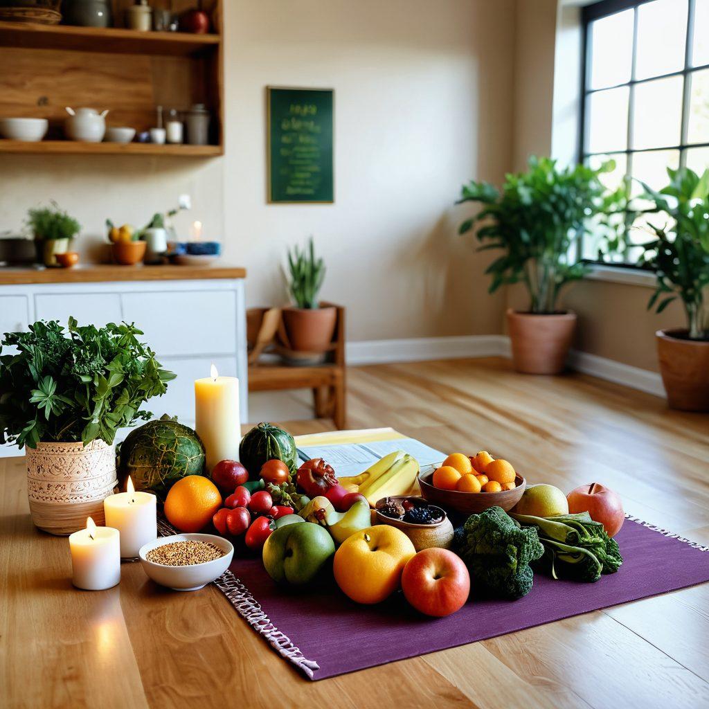 A serene kitchen scene featuring a colorful spread of healthy foods like fruits, vegetables, and whole grains, combined with a peaceful meditative space that includes a yoga mat and plants. Soft lighting highlights a warm atmosphere of healing and wellness. Include subtle elements like a journal and candles to symbolize mindfulness practices. The background should be calming, invoking a sense of tranquility and support for cancer survivors. super-realistic. vibrant colors. warm lighting.