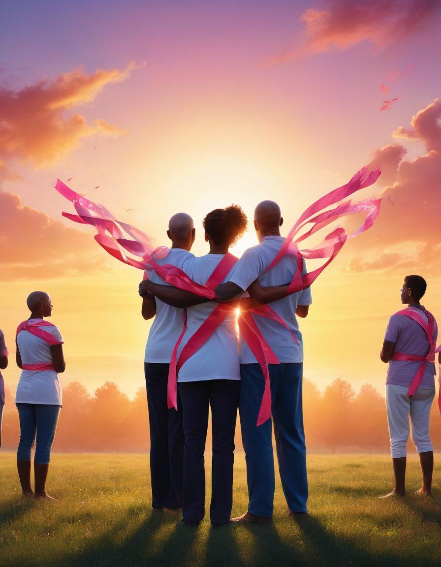 A powerful depiction of a diverse group of cancer survivors standing together, united and smiling, with vibrant ribbons symbolizing different cancer awareness colors. In the background, a bright sunrise symbolizes hope and a new beginning, while subtle medical symbols represent the journey from illness to wellness. Include elements of community support, such as hands holding each other in solidarity. super-realistic. vibrant colors. uplifting atmosphere.